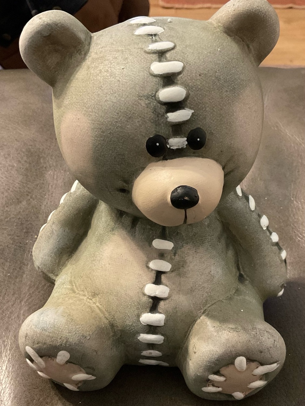 Grey Stitched Teddy Bear Bank